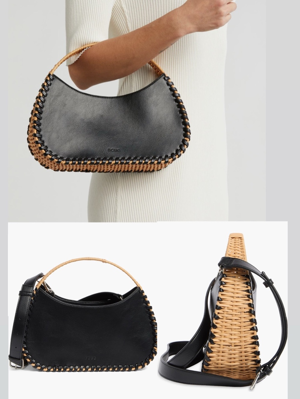 BCBG Black Wicker Whipstitch Handbag Faux Leather Rattan Crossbody Bag NWT